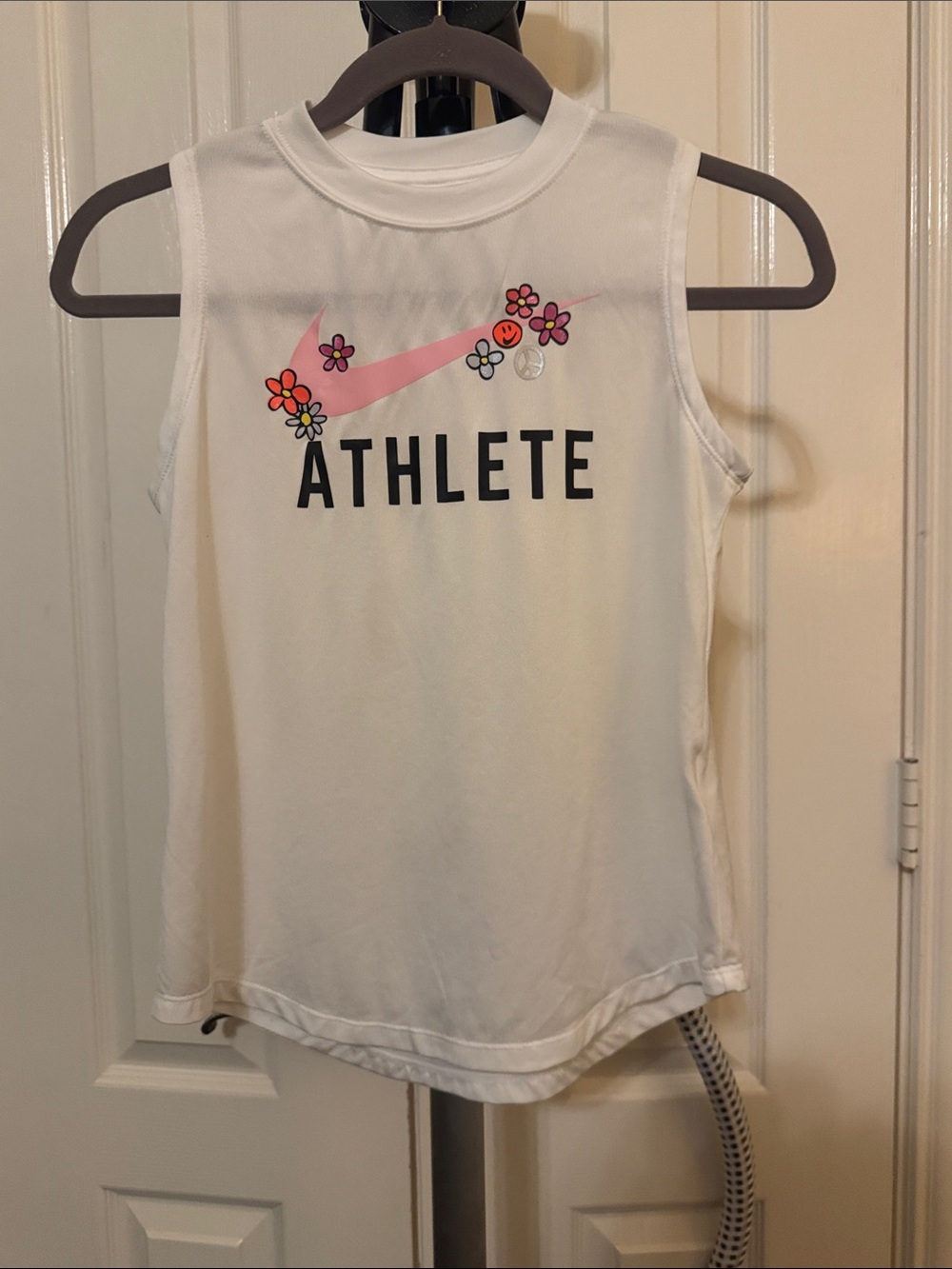Nike White Tank Top with Pink Swoosh and Floral Accents